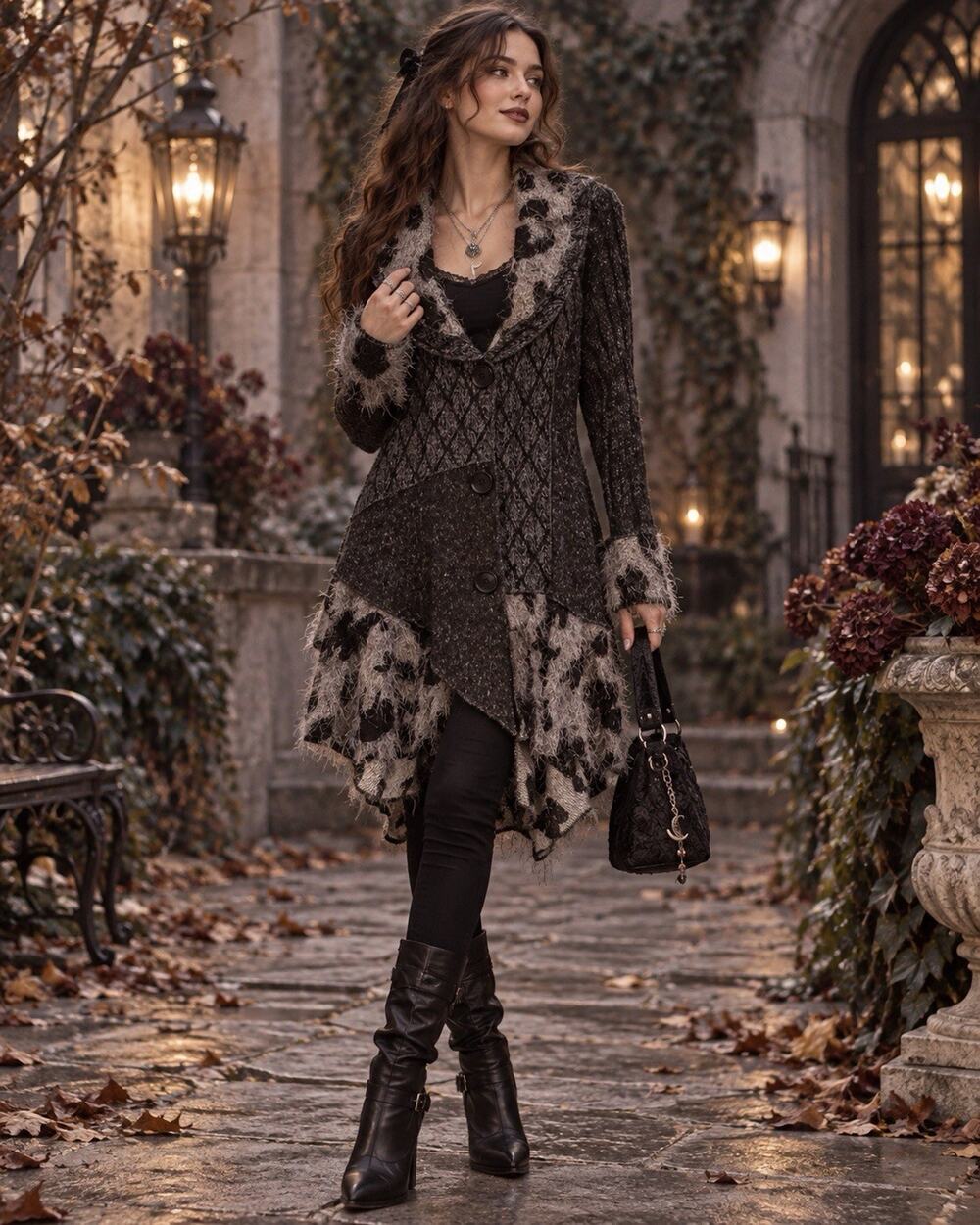 Liquid by sioni Gray Black patch work & leopard Print Coatigan whimsy goth Sz L